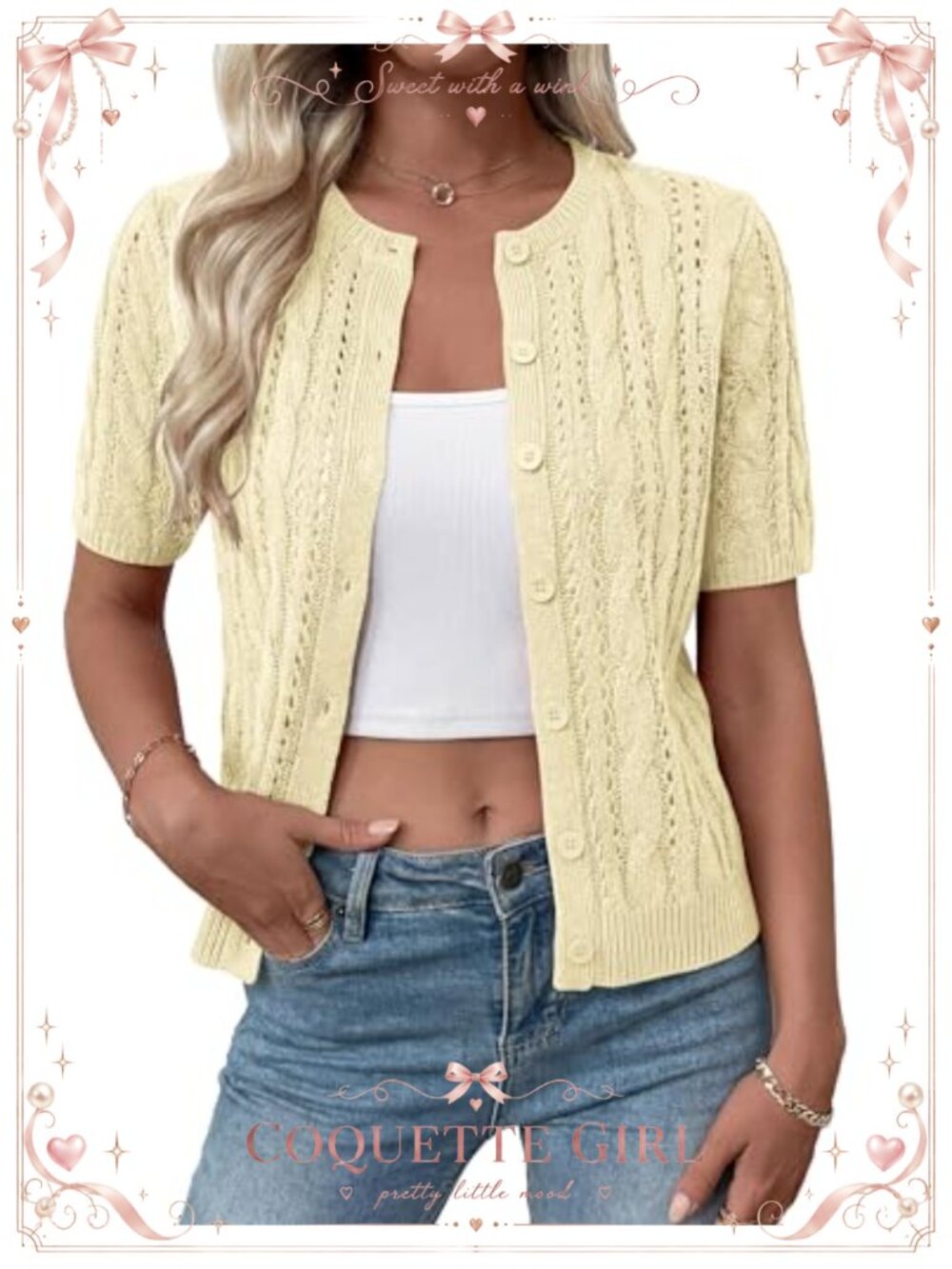 Womens Crochet Button Cardigan Short Sleeve Knit Sweater Vest Hollow Out Shrug